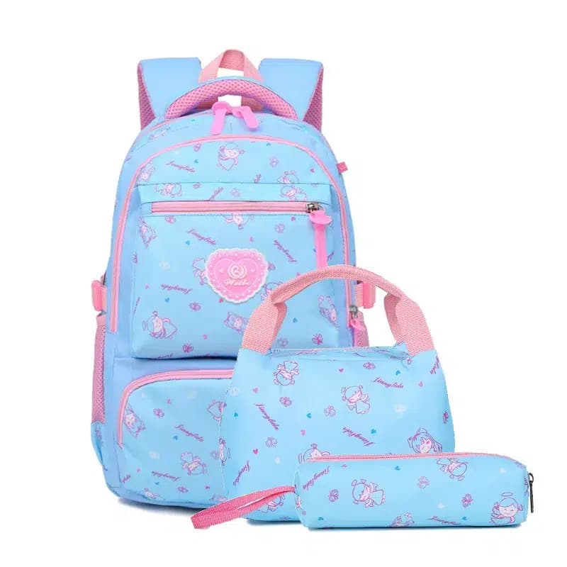 Roze Schoolset met Bloemen en Hart Badge (Kleur: Blauw)