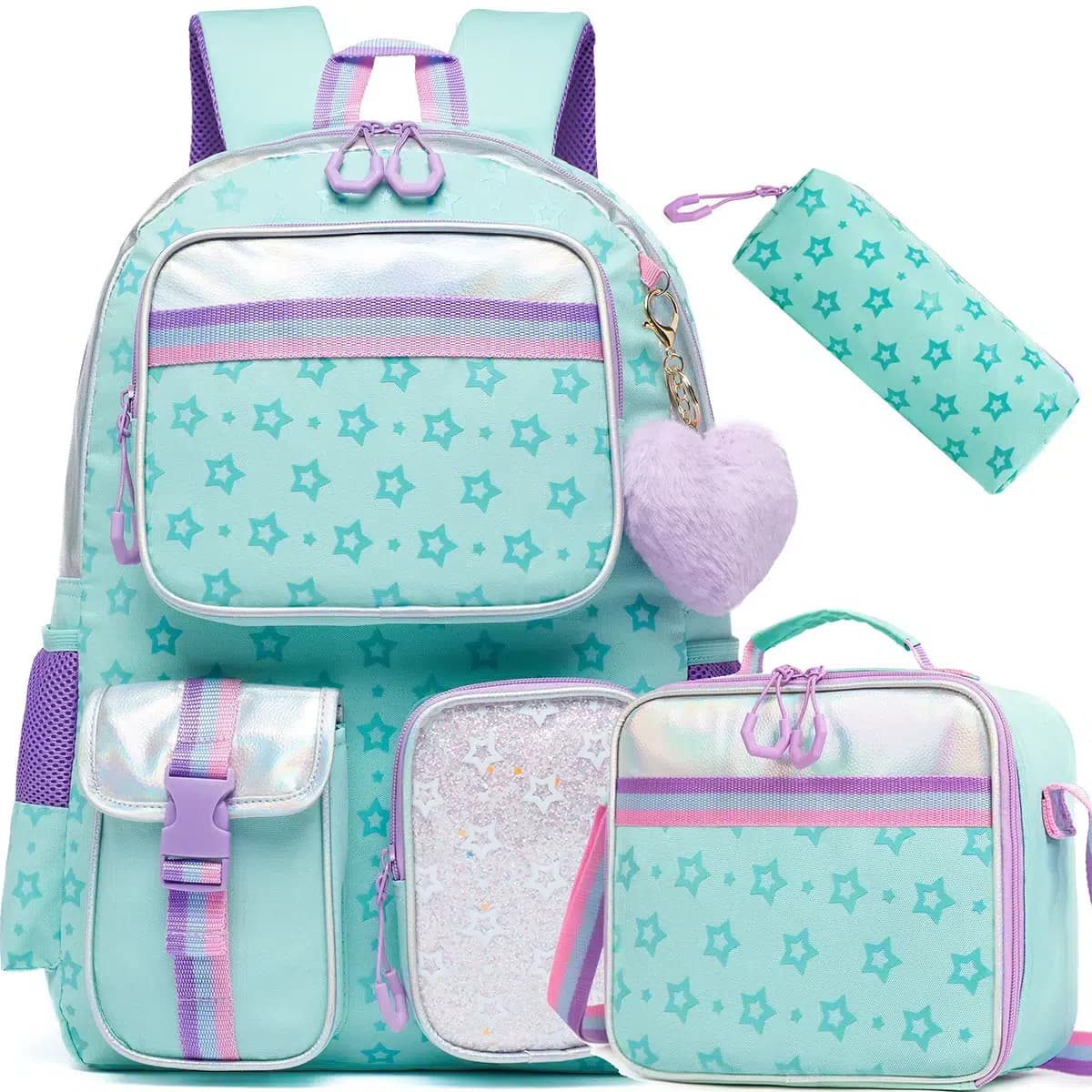 Schoolrugzak set met sterrendessin en pluche hart (Model: Blauw)