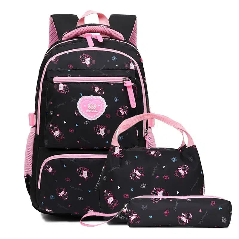 Roze Schoolset met Bloemen en Hart Badge (Kleur: Zwart)