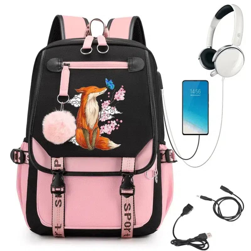 Schooltas met Vos en Bloesems Design (Model: Roze / Zwart)