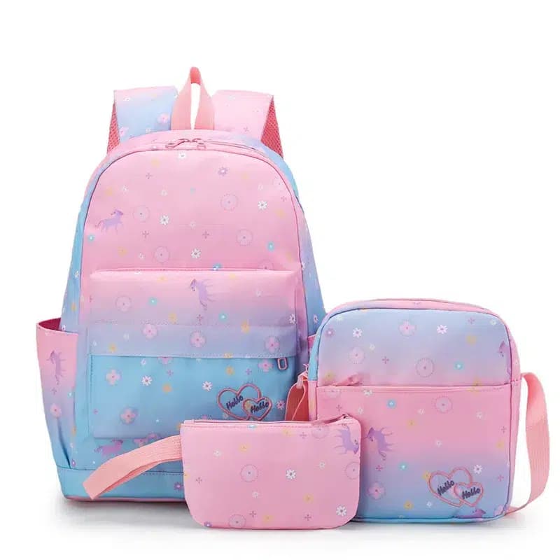 Schooltassenset Pastelkleuren met Bloemen en Eenhoorns (Model: Roze)