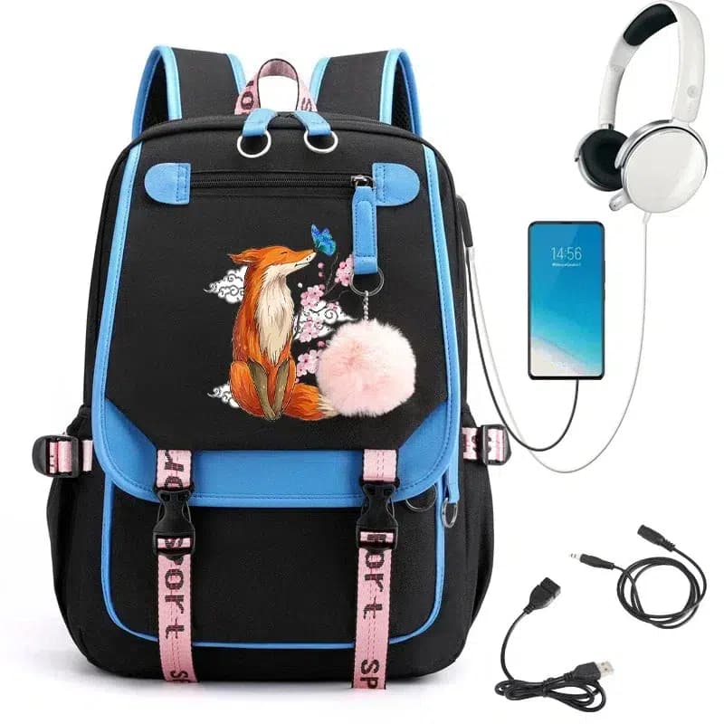 Schooltas met Vos en Bloesems Design (Model: Blauw)