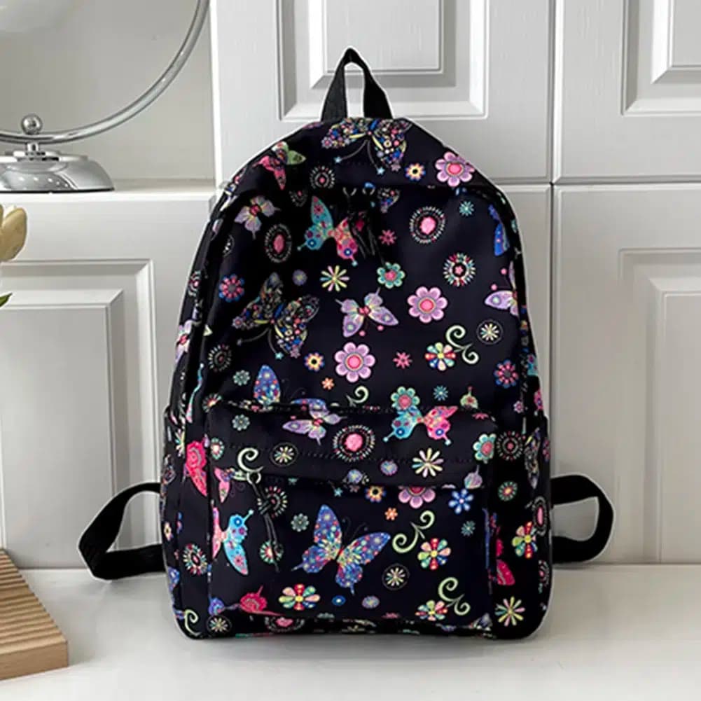 Kinder Rugzak met Vlinders en Bloemen (Model: Zwart)
