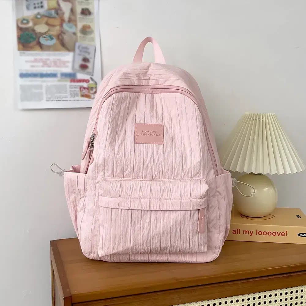 Plissé Rugzak met Pels Sleutelhanger (Model: Roze)