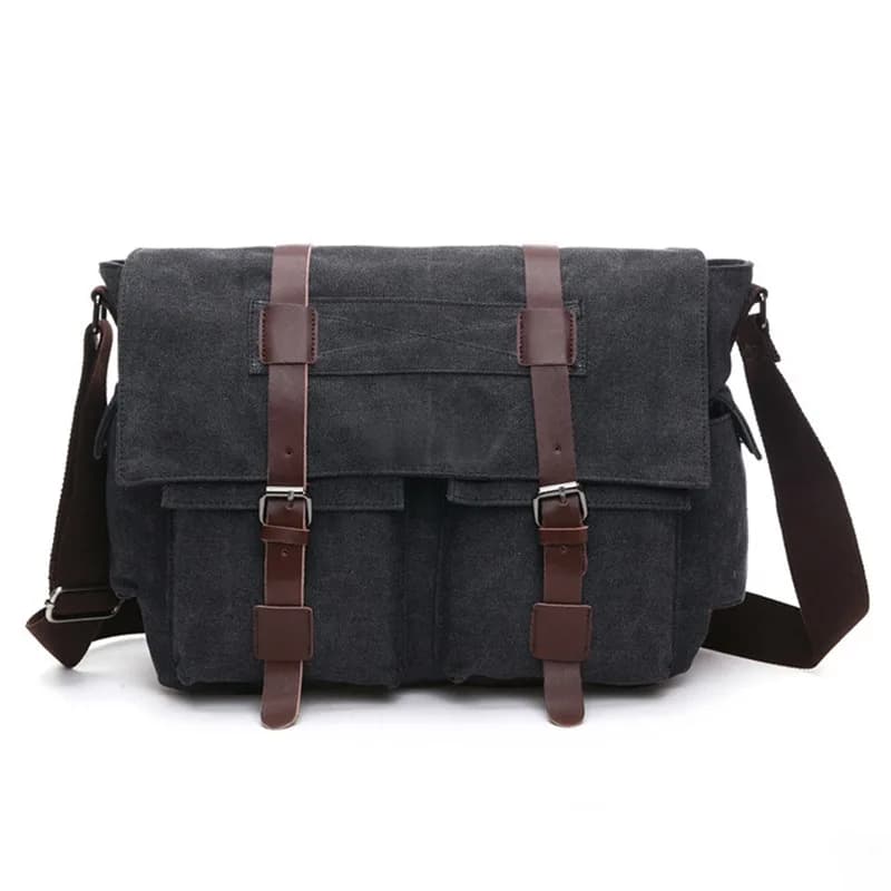 Bruine canvas schoudertas met retro details (Kleur: Zwart)