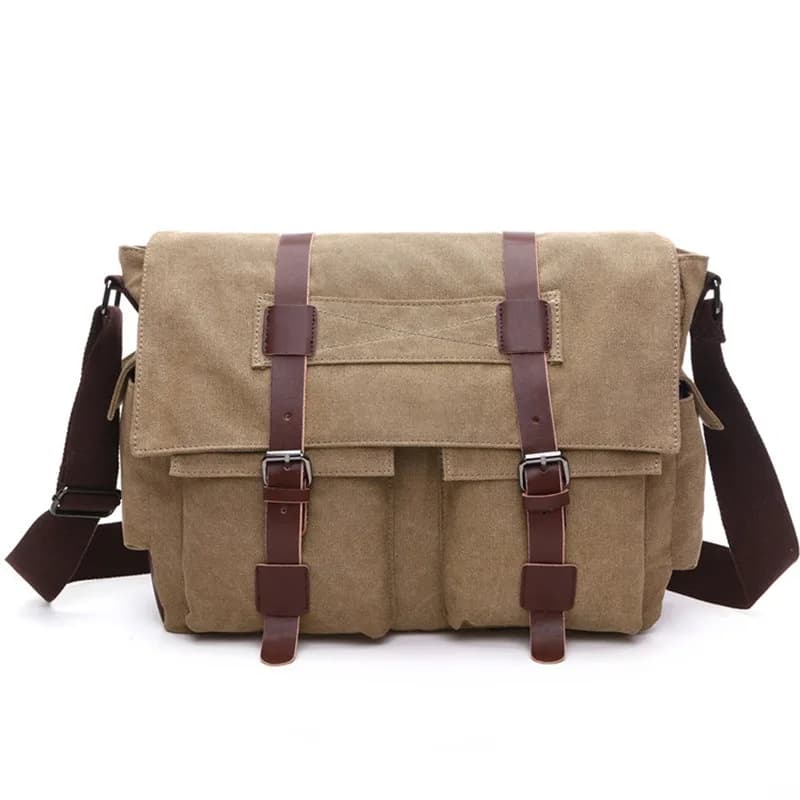 Bruine canvas schoudertas met retro details (Kleur: Beige)