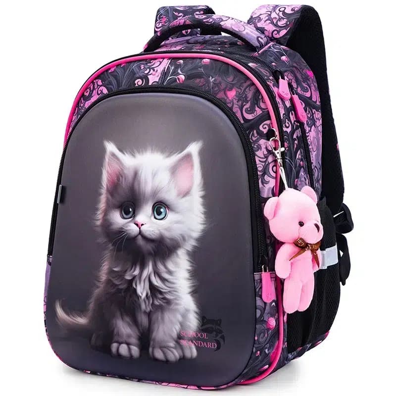 Rugzak met grijze kitten en bloemenprint