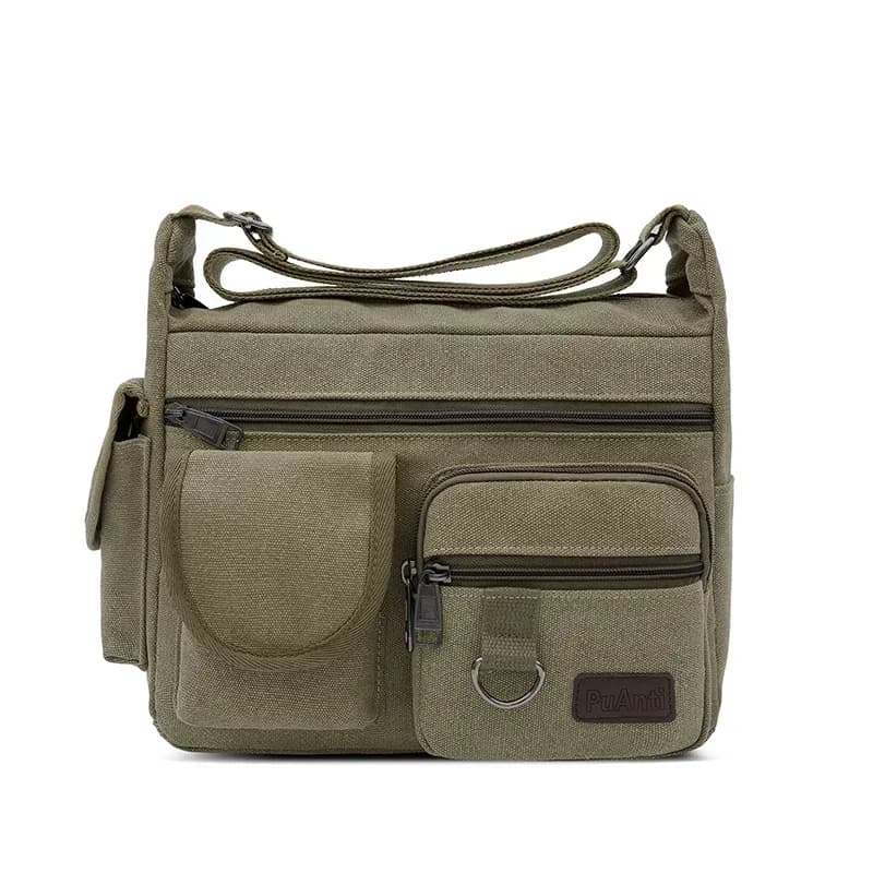 Beige canvas messenger tas met ritsvakken (Kleur: Groen)