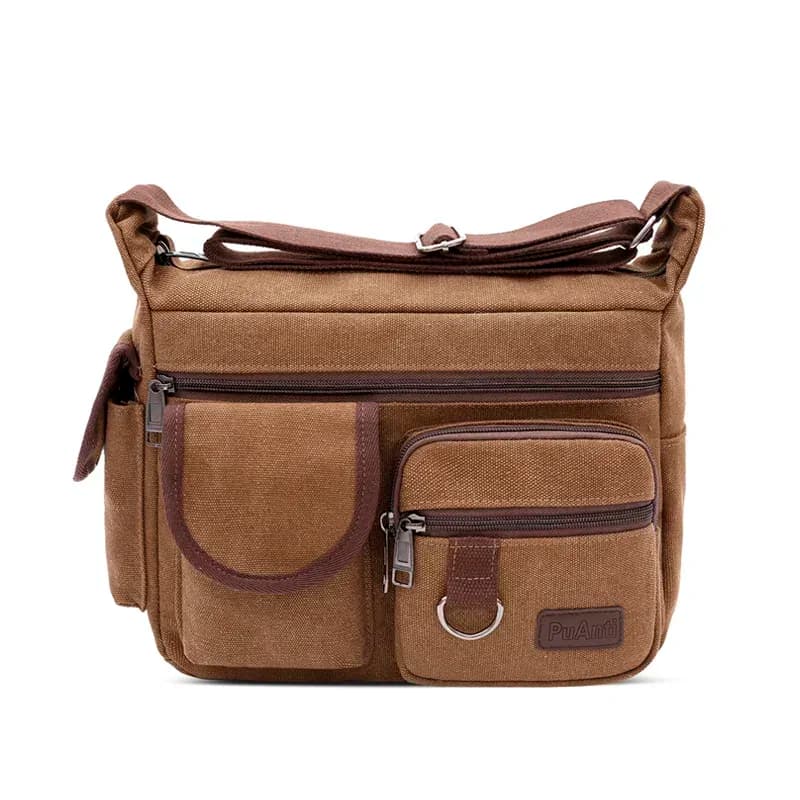 Beige canvas messenger tas met ritsvakken (Kleur: Bruin)