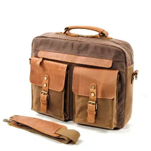Vintage canvas schoudertas bruin met leer (Kleur: Bruin)