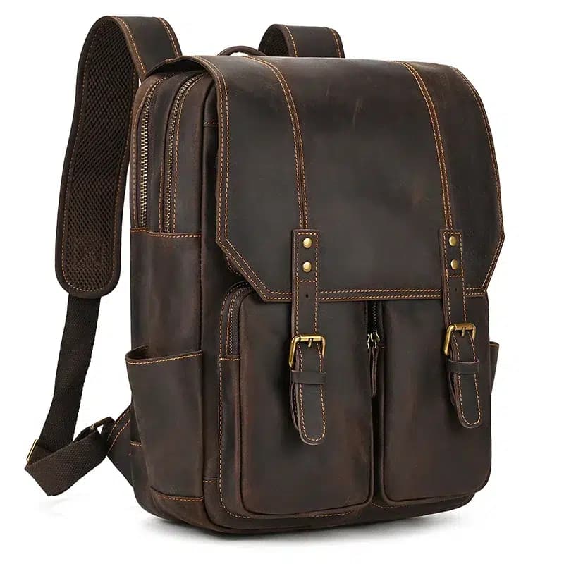 Leren Rugzak Bruin Caramel met Gespen (Model: Donkerbruin)