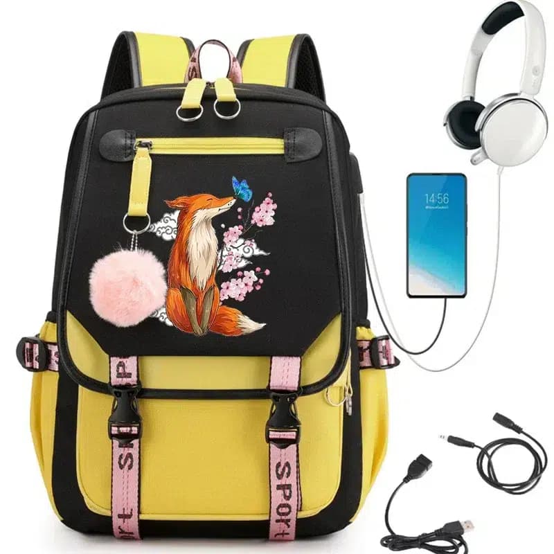 Schooltas met Vos en Bloesems Design (Model: Geel)