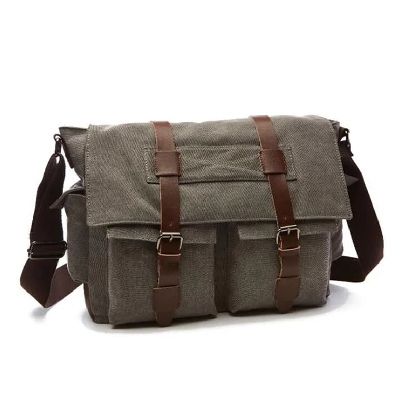 Bruine canvas schoudertas met retro details (Kleur: Grijs)