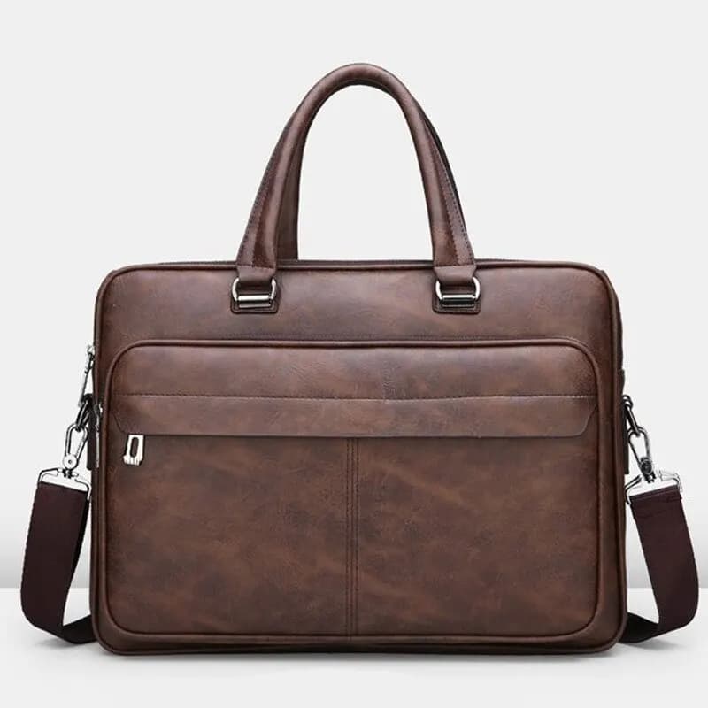 Bruine leren aktetas met schouderband (Model: Bruin)