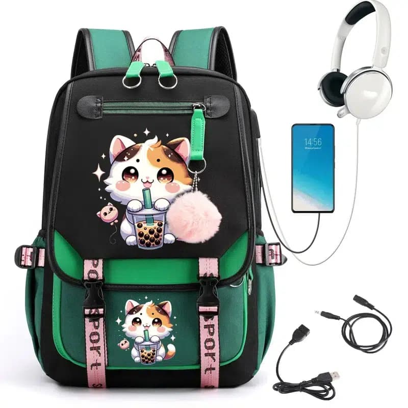 Schooltas Kinderen Kawaii Kat Bubble Tea (Model: Groen)