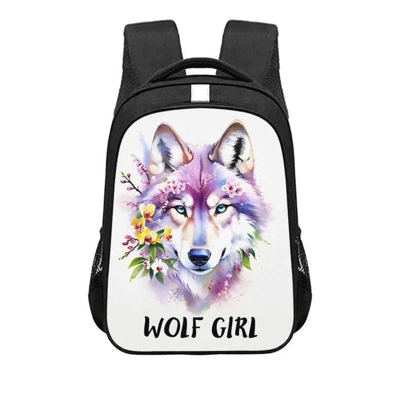 Schoolrugzak Kinderen Wolf en Bloemen Design