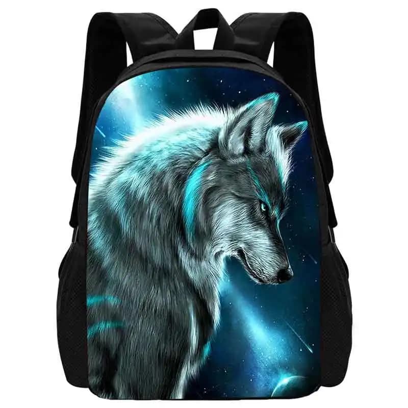 Blauwe Rugzak met Wolf en Sterrenhemel
