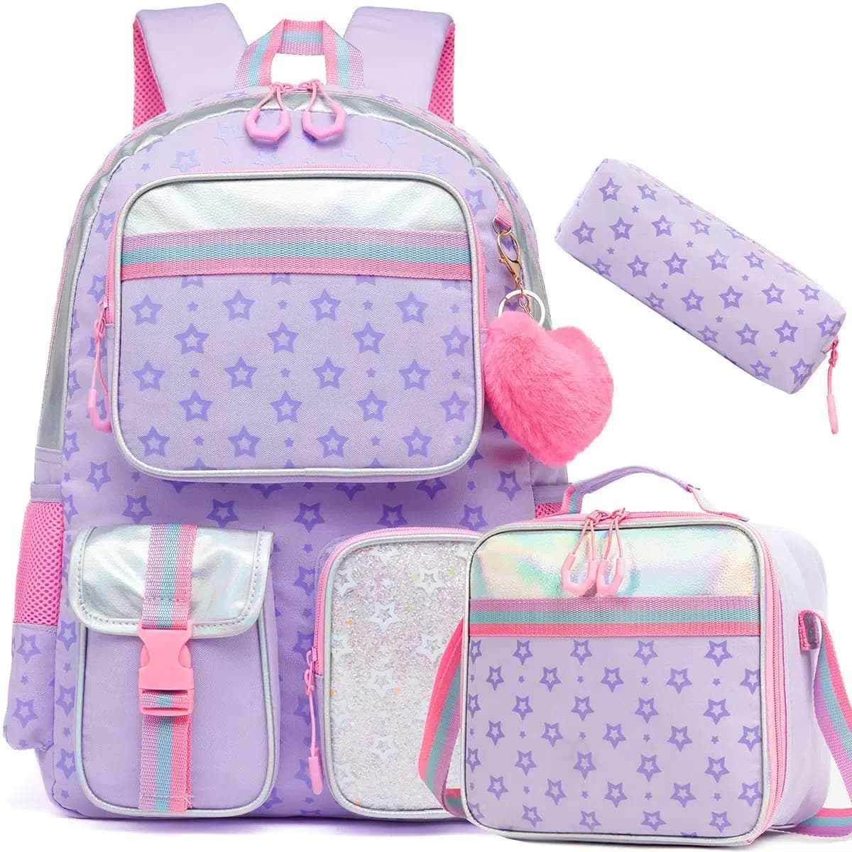 Schoolrugzak set met sterrendessin en pluche hart (Model: Paars)