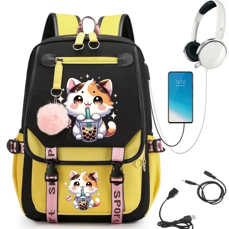 Schooltas Kinderen Kawaii Kat Bubble Tea (Model: Geel)