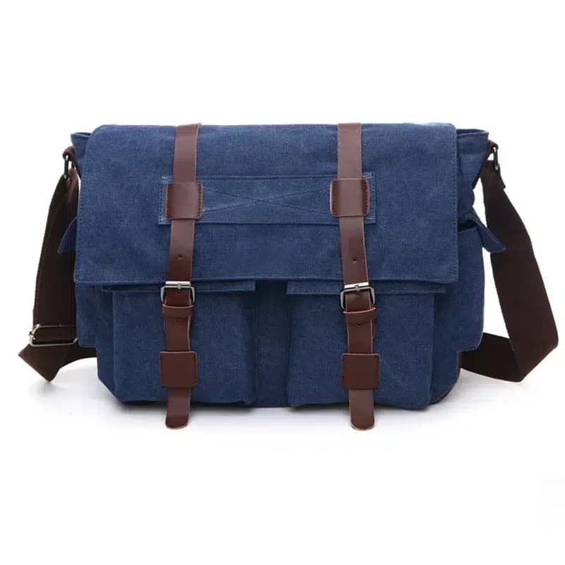 Bruine canvas schoudertas met retro details (Kleur: Blauw)