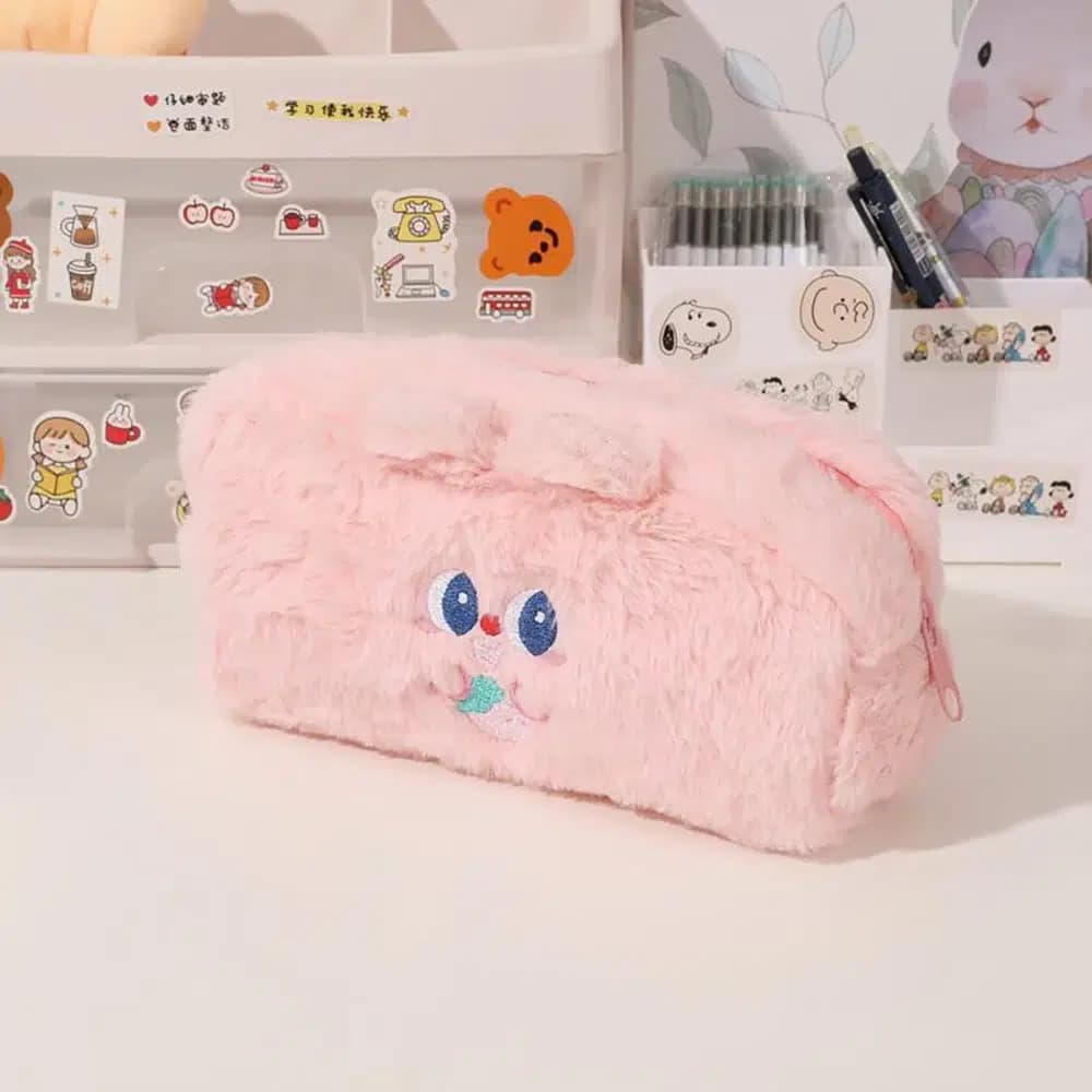 Roze Pluche Etui met Schattig Gezicht