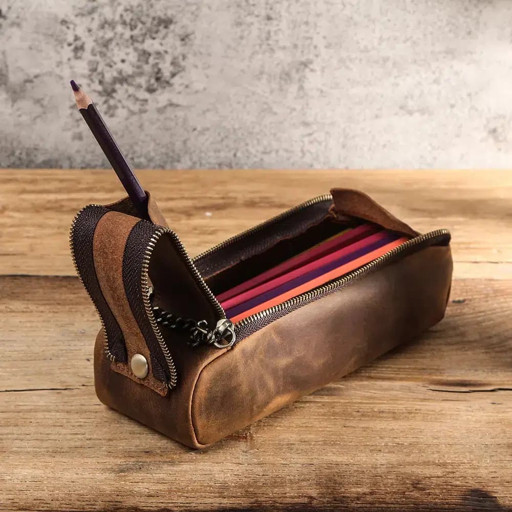 Bruin Leren Etui met Industriële Rits