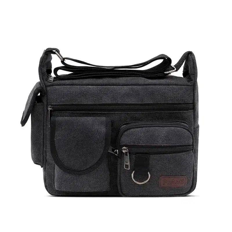 Beige canvas messenger tas met ritsvakken (Kleur: Zwart)