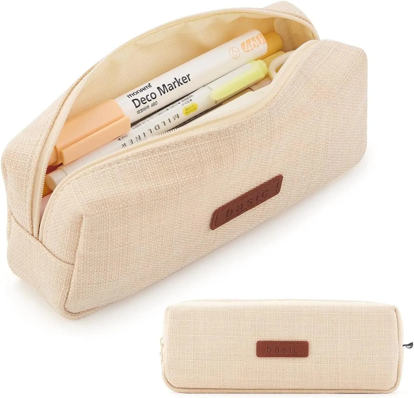 Minimalistisch Pennenetui Beige met Leren Patch