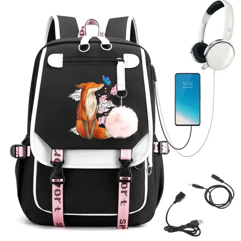 Schooltas met Vos en Bloesems Design (Model: Wit)