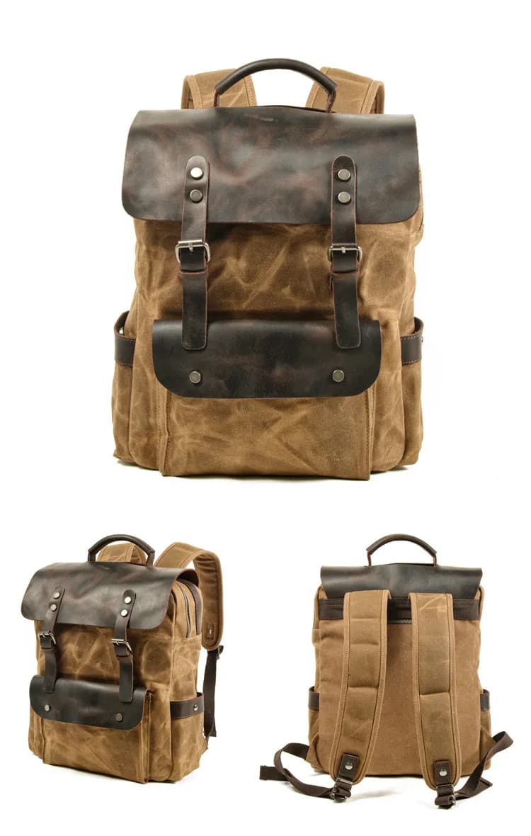 Vintage Rugzak van Donkere Canvas en Leer (Kleur: Bruin)