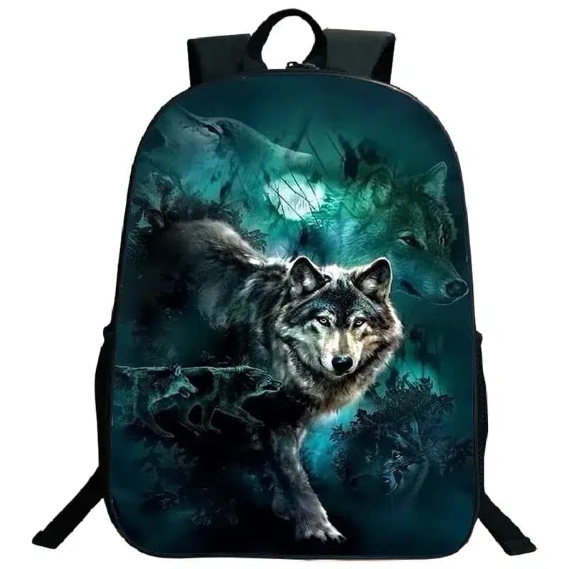 Blauwe Rugzak met Realistische Wolf Print