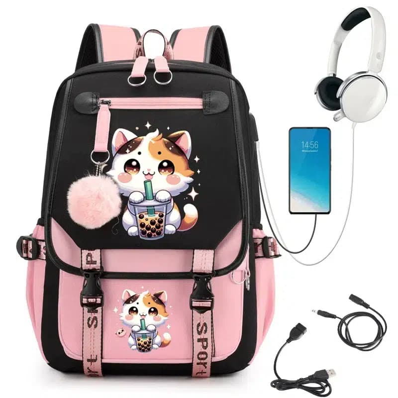 Schooltas Kinderen Kawaii Kat Bubble Tea (Model: Roze)