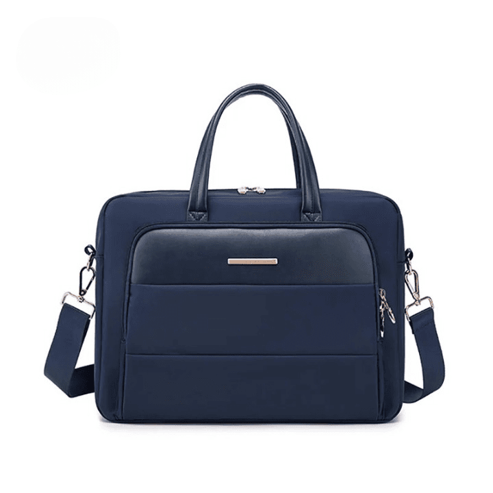 Blauwe Leren Zakelijke Schoudertas met Gouden Details