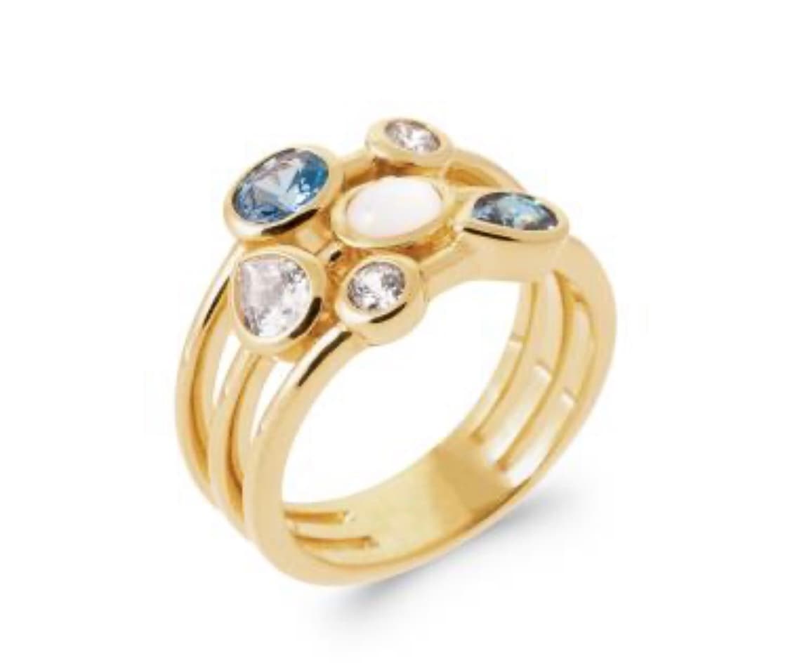 BAGUE EN PLAQUE-OR  AVEC DES PIERRES DU CRISTAL ET PIERRE DE LUNE