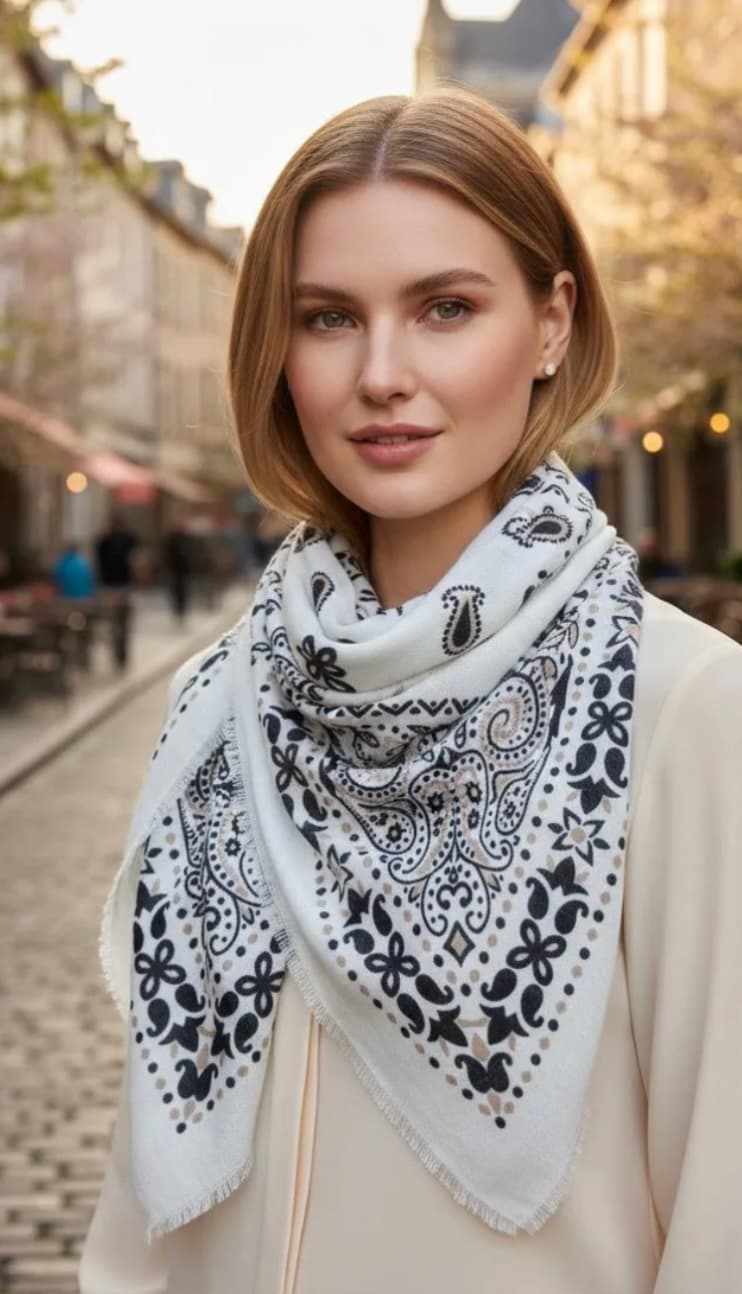 Bandana grand format 110 × 110 cm en viscose douce, au toucher souple et douillet. À porter autour du cou, dans les cheveux ou noué sur un sac, pour une touche bohème chic au quotidien.