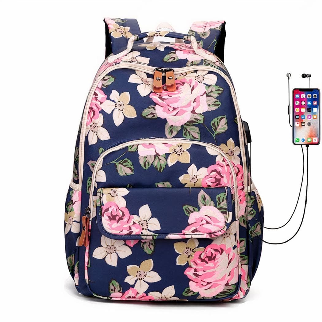 Sac à dos original motif floral - bleu-fonce
