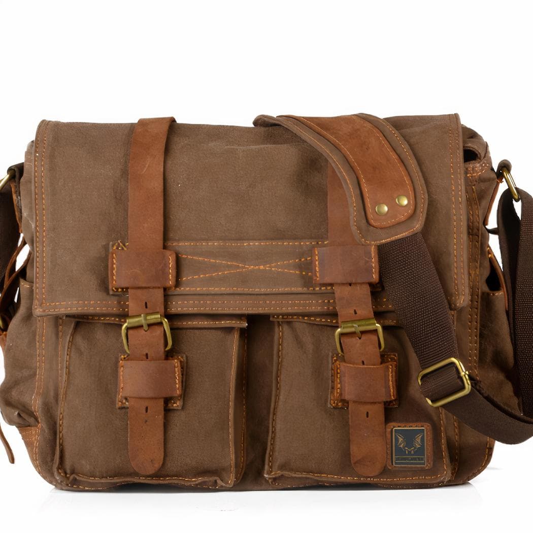 Cartable homme en toile et similicuir - marron