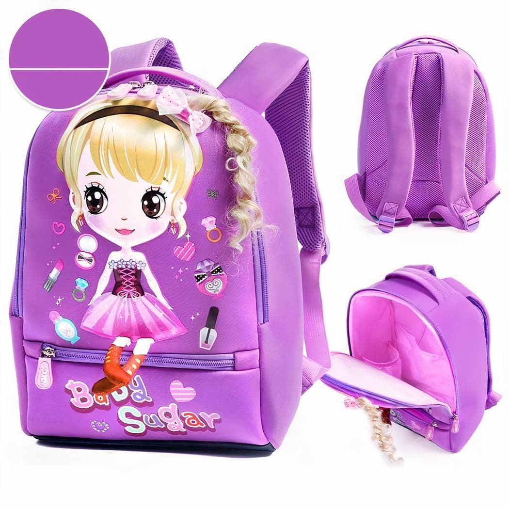 Sac à dos girly avec motif de poupée avec mèches de cheveux - violet