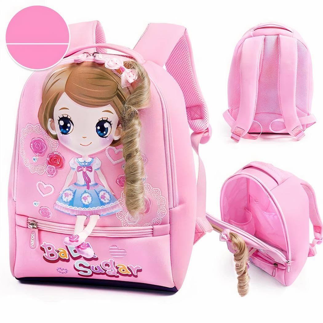 Sac à dos girly avec motif de poupée avec mèches de cheveux - rose