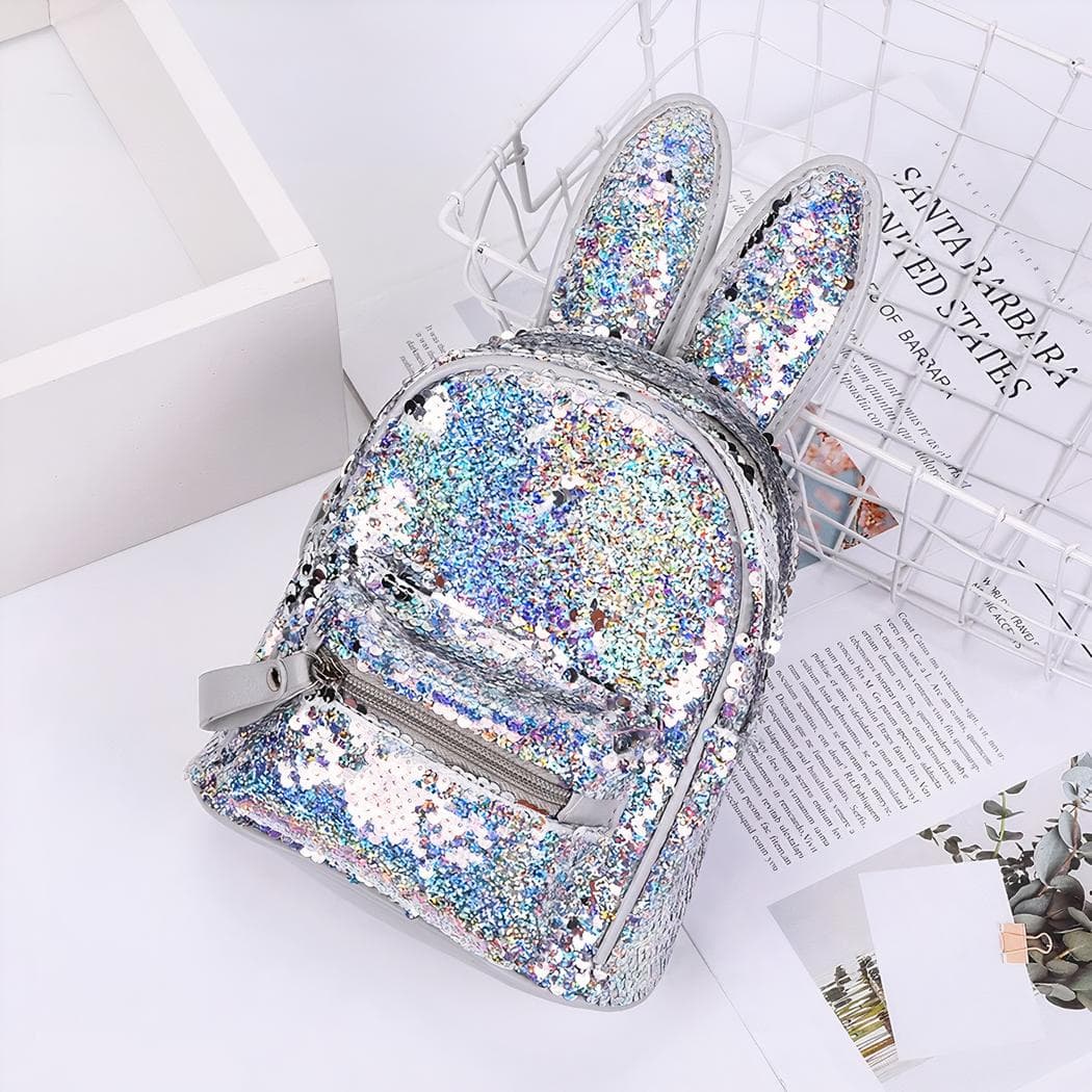 Sac à dos à paillettes avec oreilles de lapin - argente