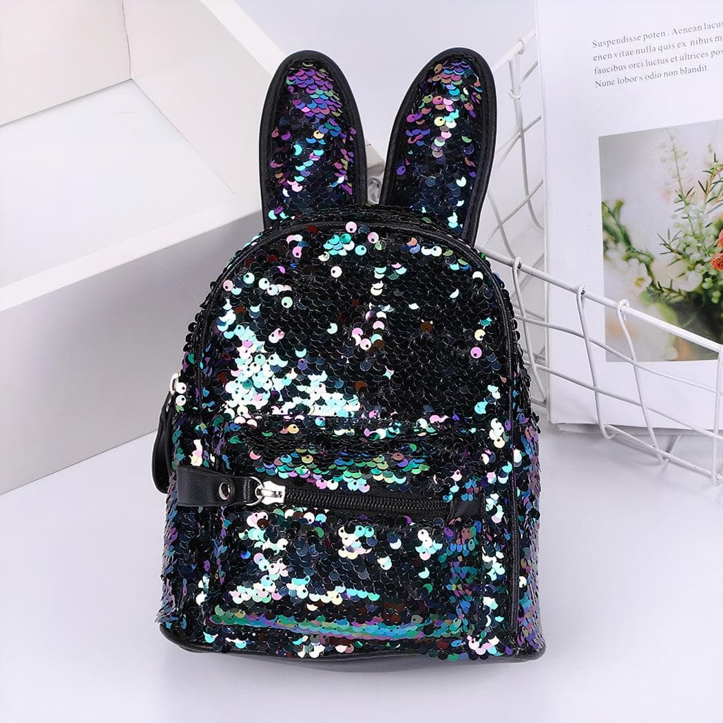 Sac à dos à paillettes avec oreilles de lapin - noir