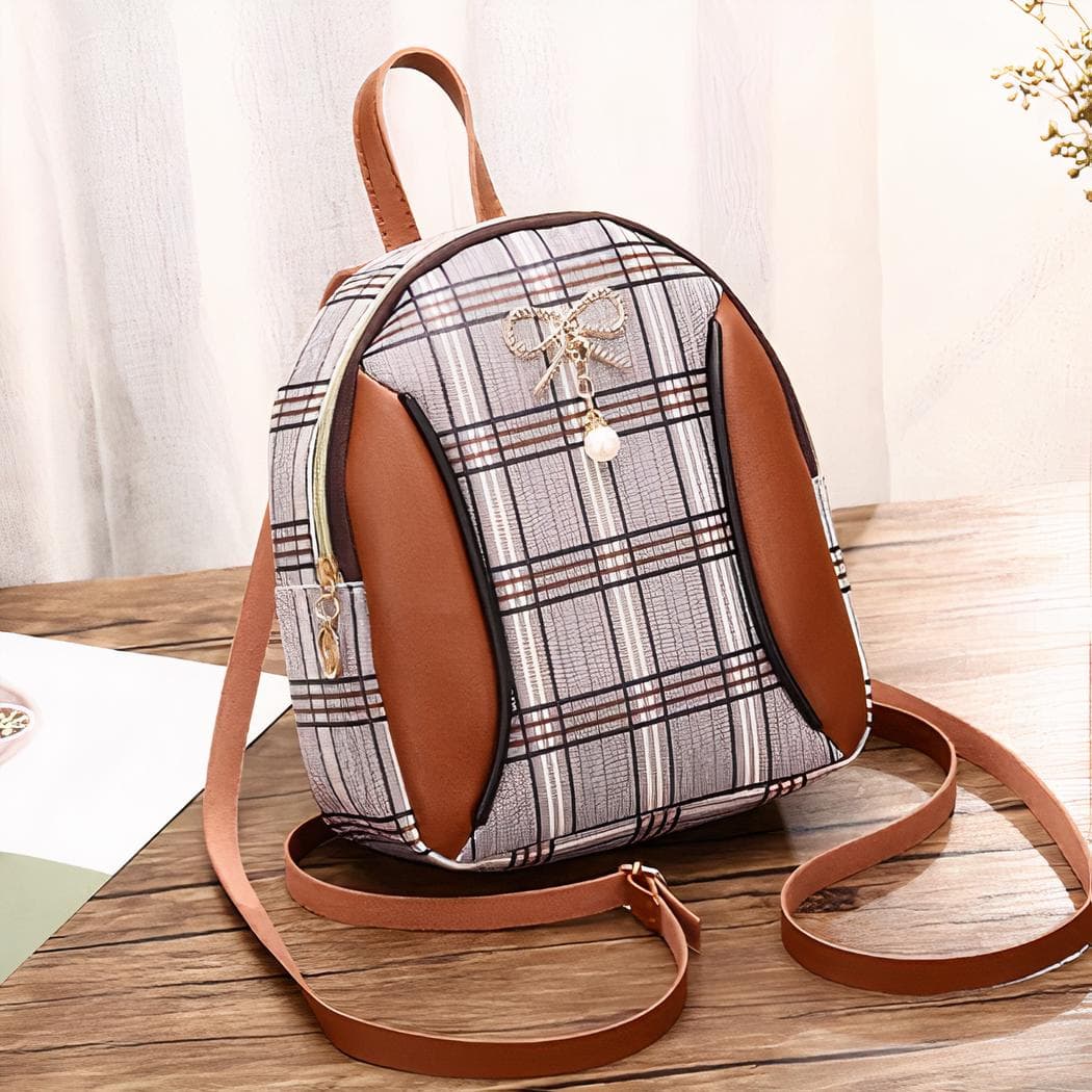 Mini sac à dos femme à carreaux - marron