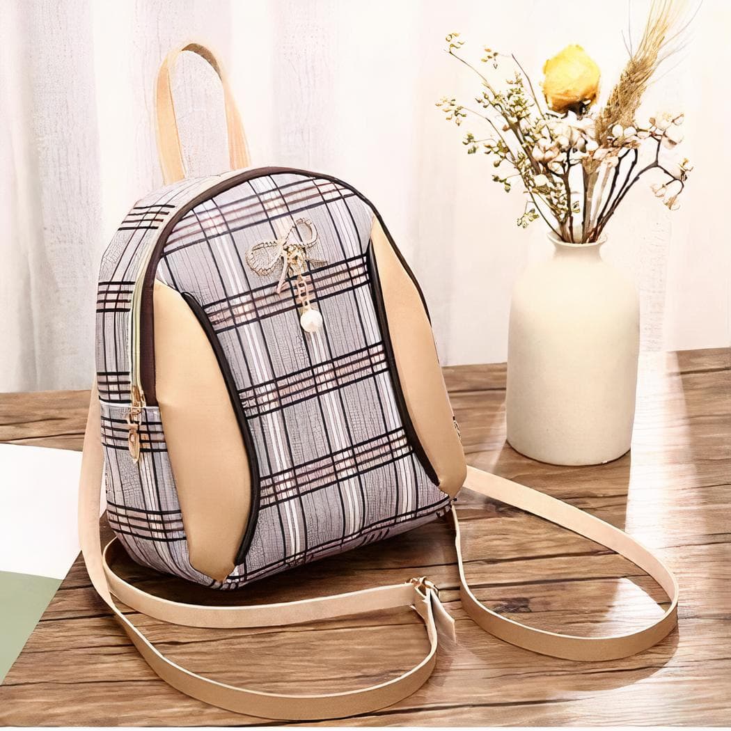 Mini sac à dos femme à carreaux - beige