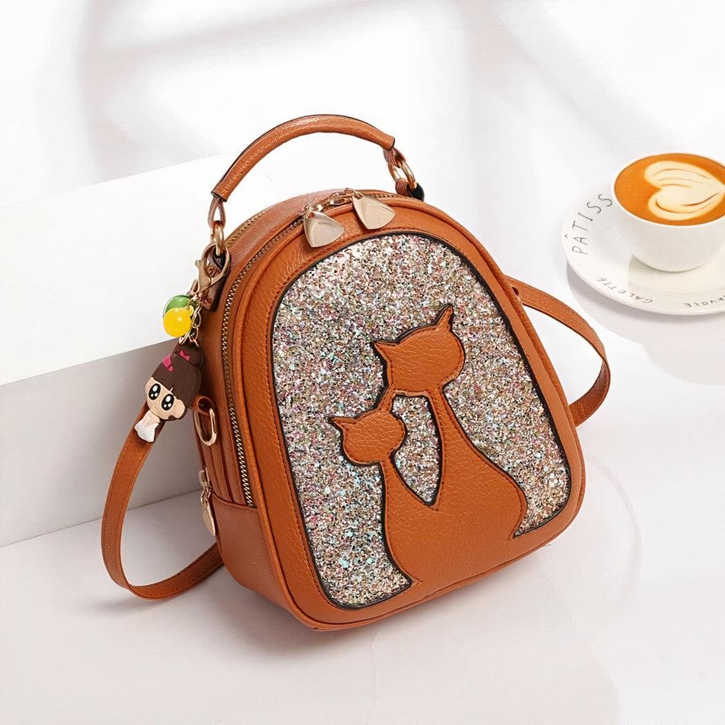 Sac à dos à paillettes en similicuir motif chat - marron