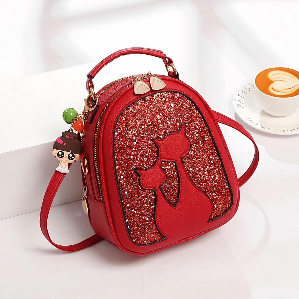 Sac à dos à paillettes en similicuir motif chat - rouge