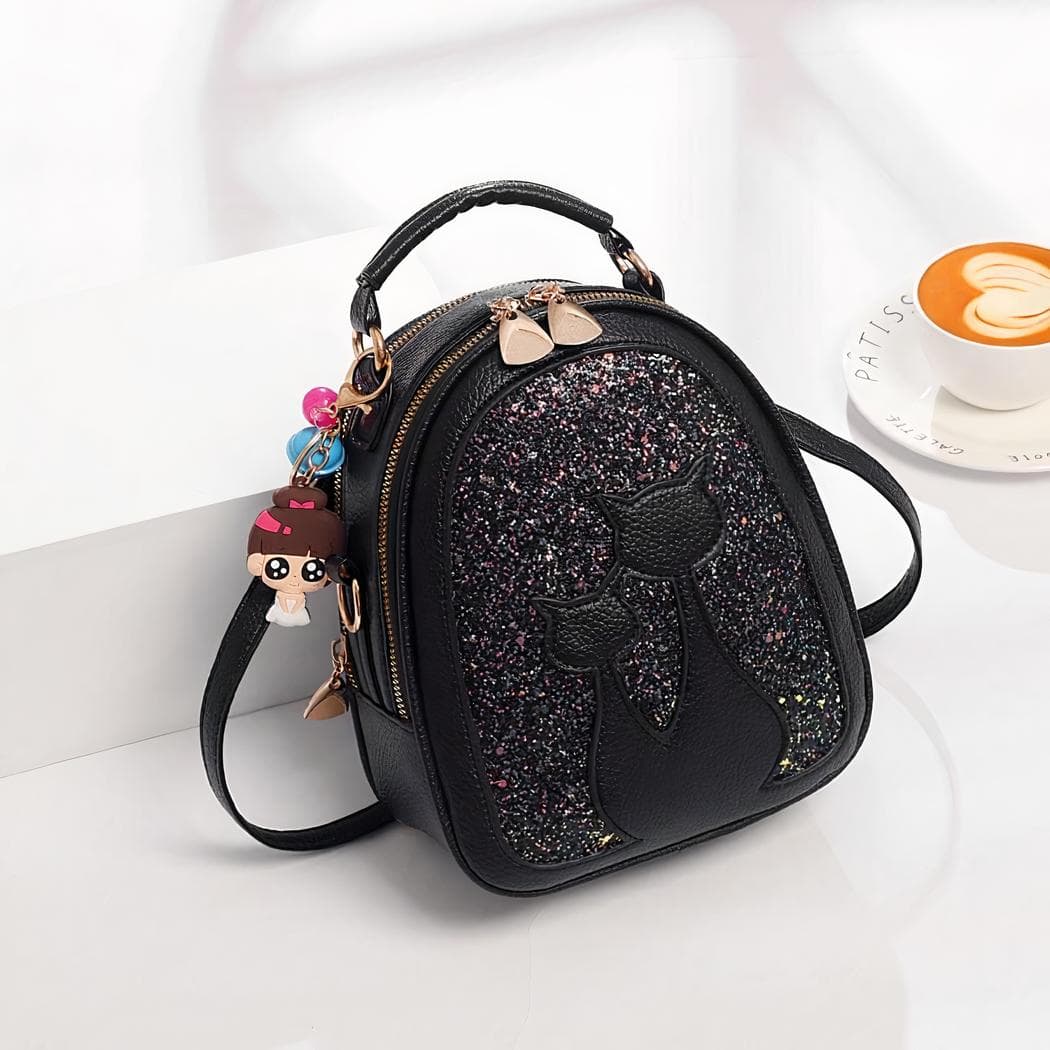 Sac à dos à paillettes en similicuir motif chat - noir