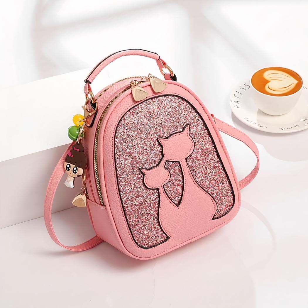Sac à dos à paillettes en similicuir motif chat - rose