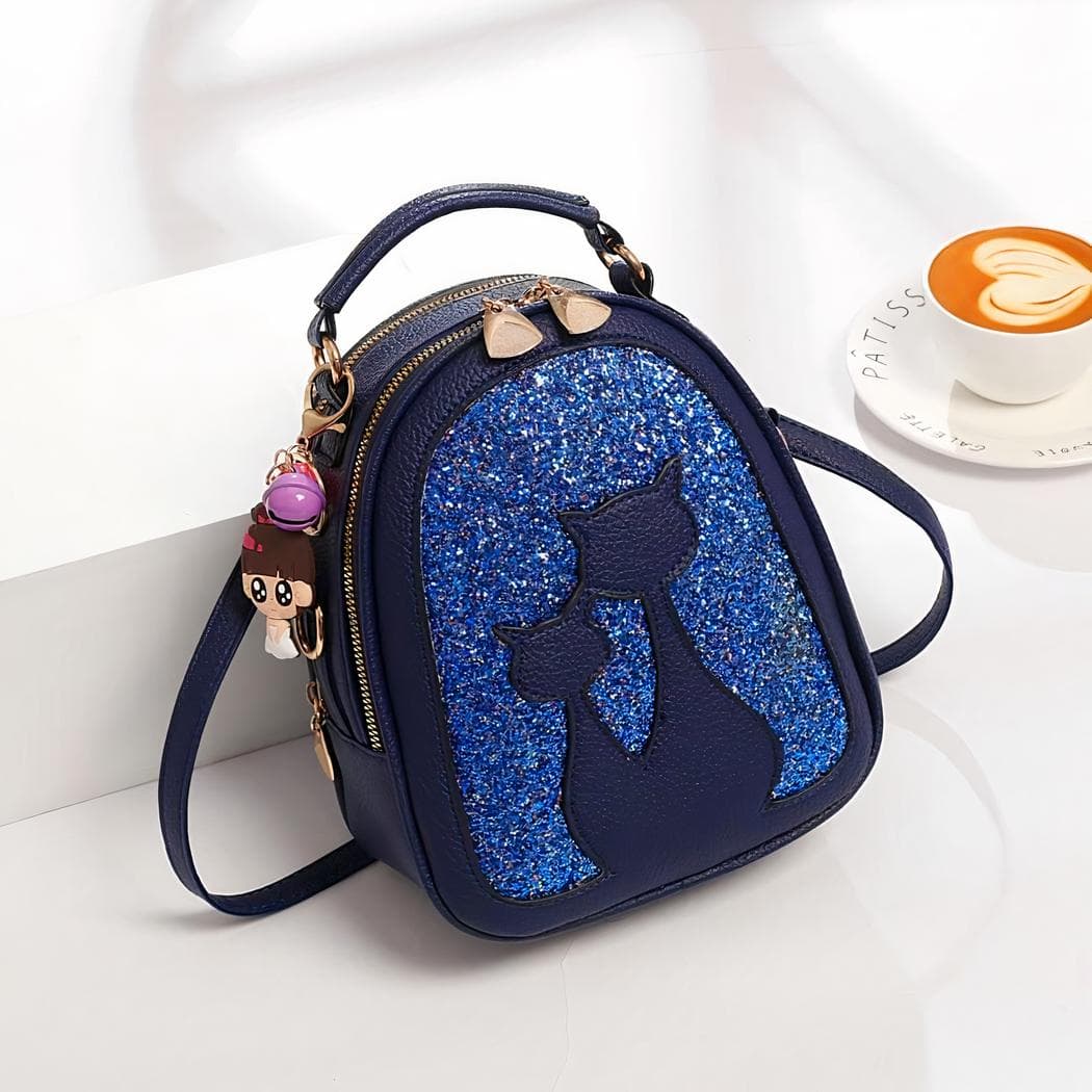 Sac à dos à paillettes en similicuir motif chat - bleu