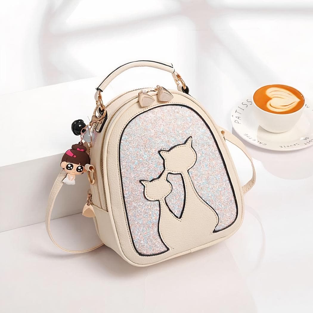 Sac à dos à paillettes en similicuir motif chat - beige