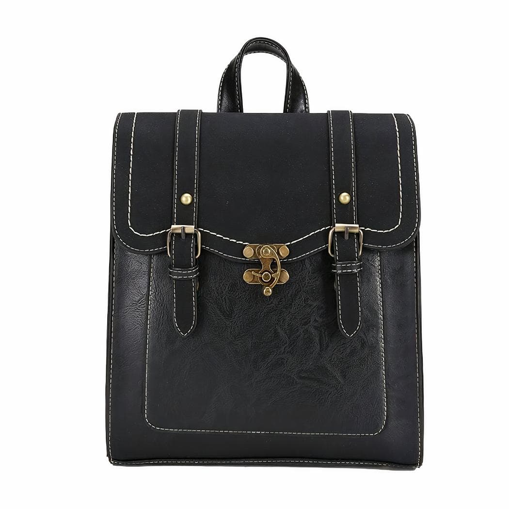 Sac à dos vintage rectangulaire en similicuir pour femme - noir